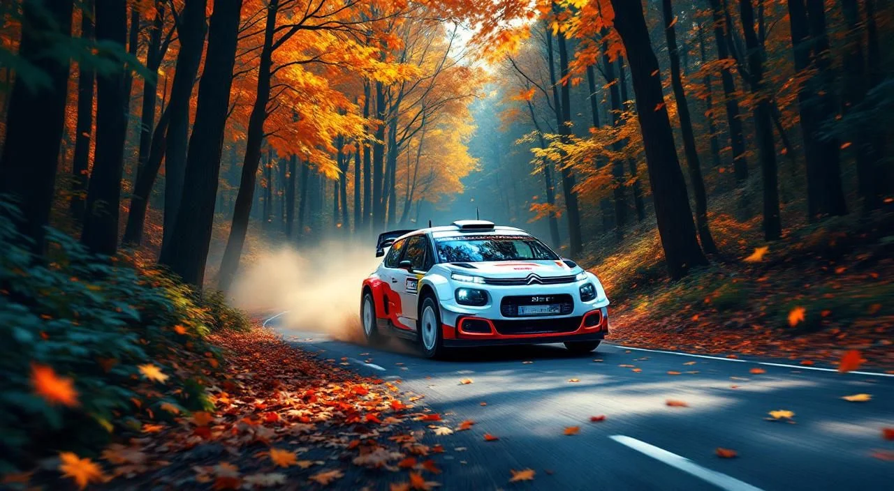 Citroën C3 WRC moderne en action sur route forestière