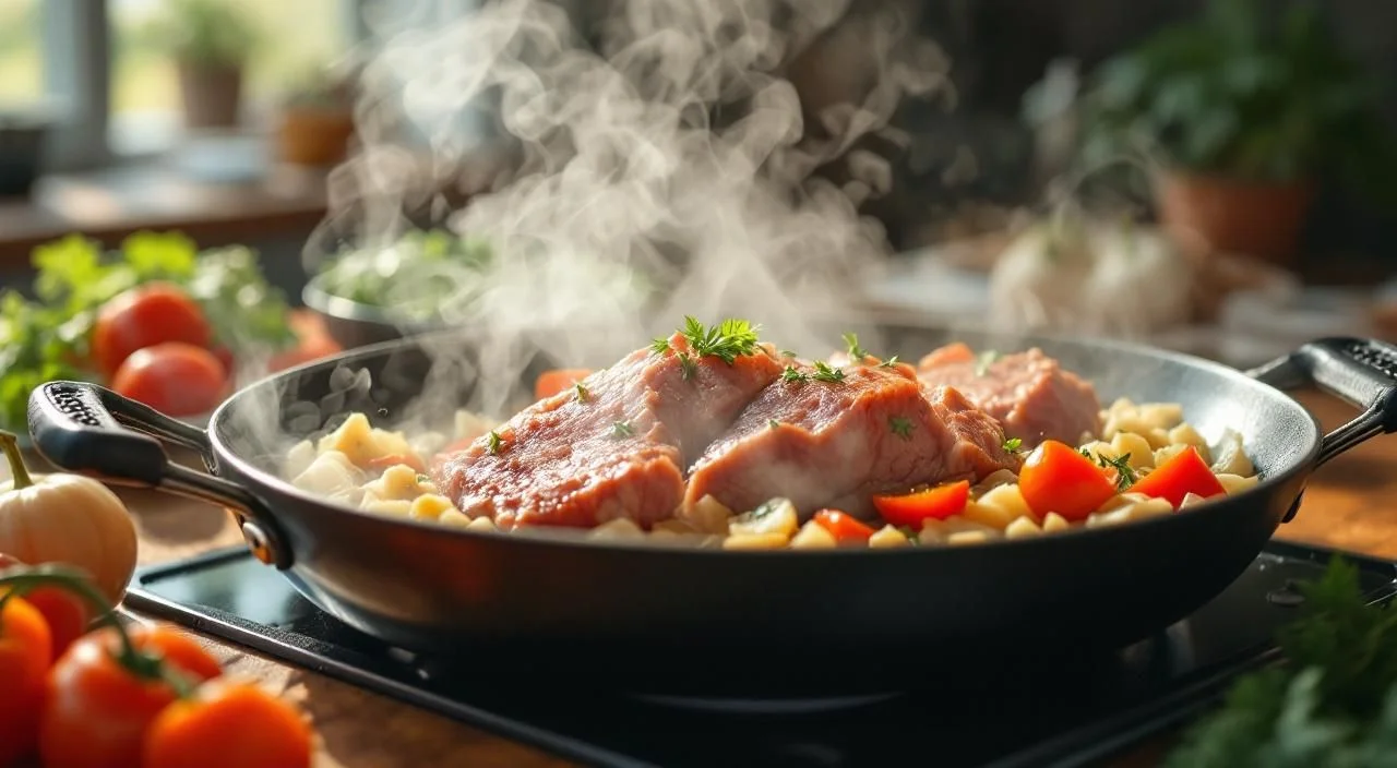 Cuisson de la viande hachée dans une poêle en fonte