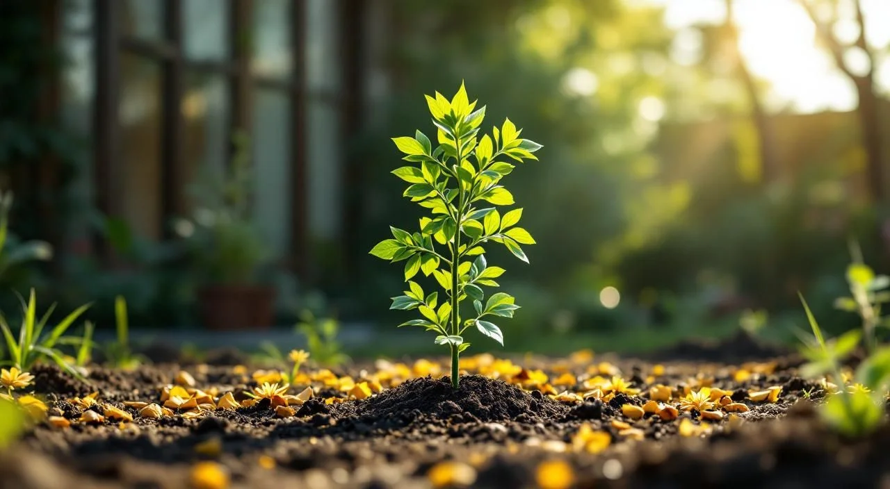 Plantation d'un jeune orme avec tuteur et paillis organique