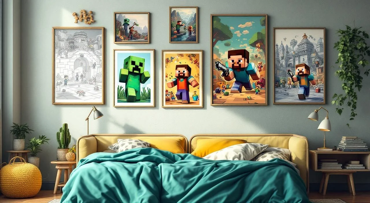 Mur décoré avec des coloriages Minecraft terminés