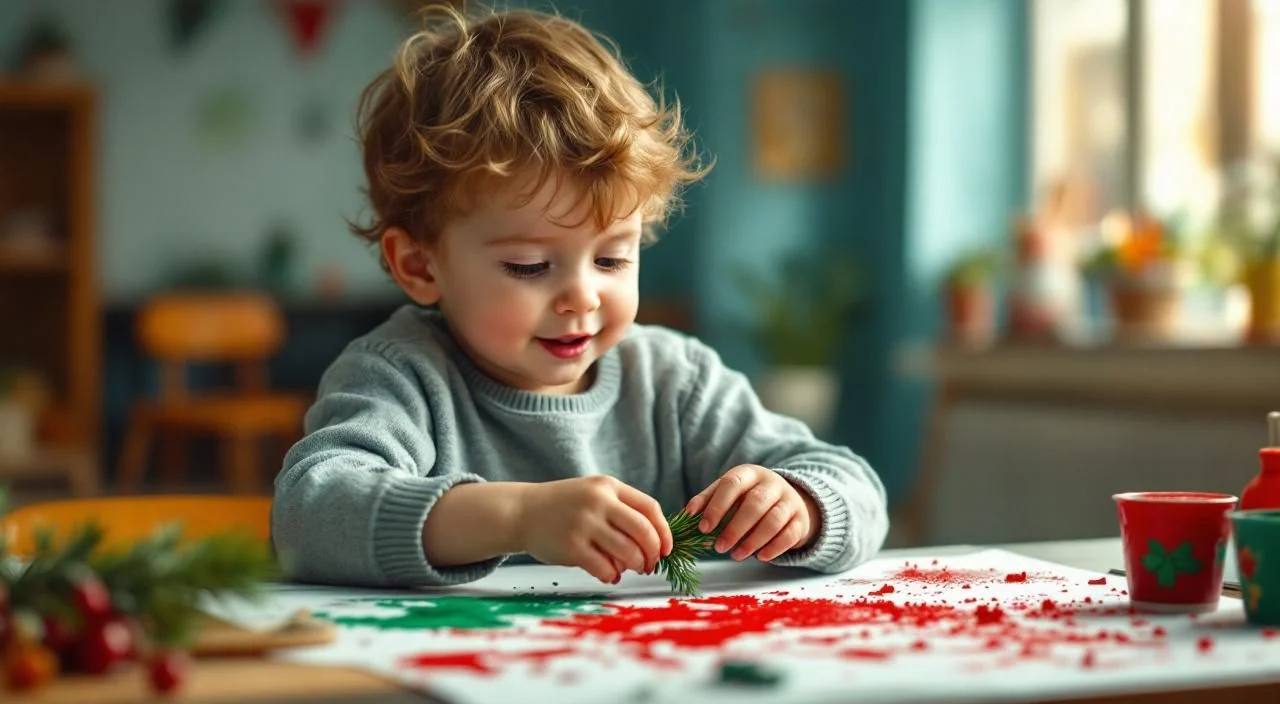 Enfant peignant un sapin de Noël avec les doigts