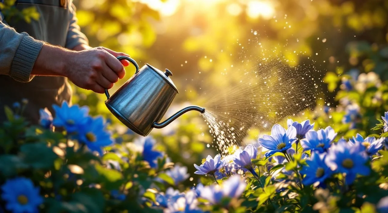 Arrosage matinal d'agapanthes en fleurs
