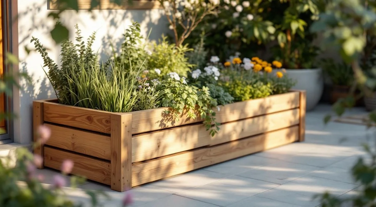 Bac à jardiner en bois fait main sur terrasse