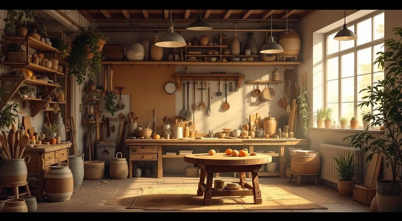 Atelier de menuiserie traditionnel avec outils sur établi