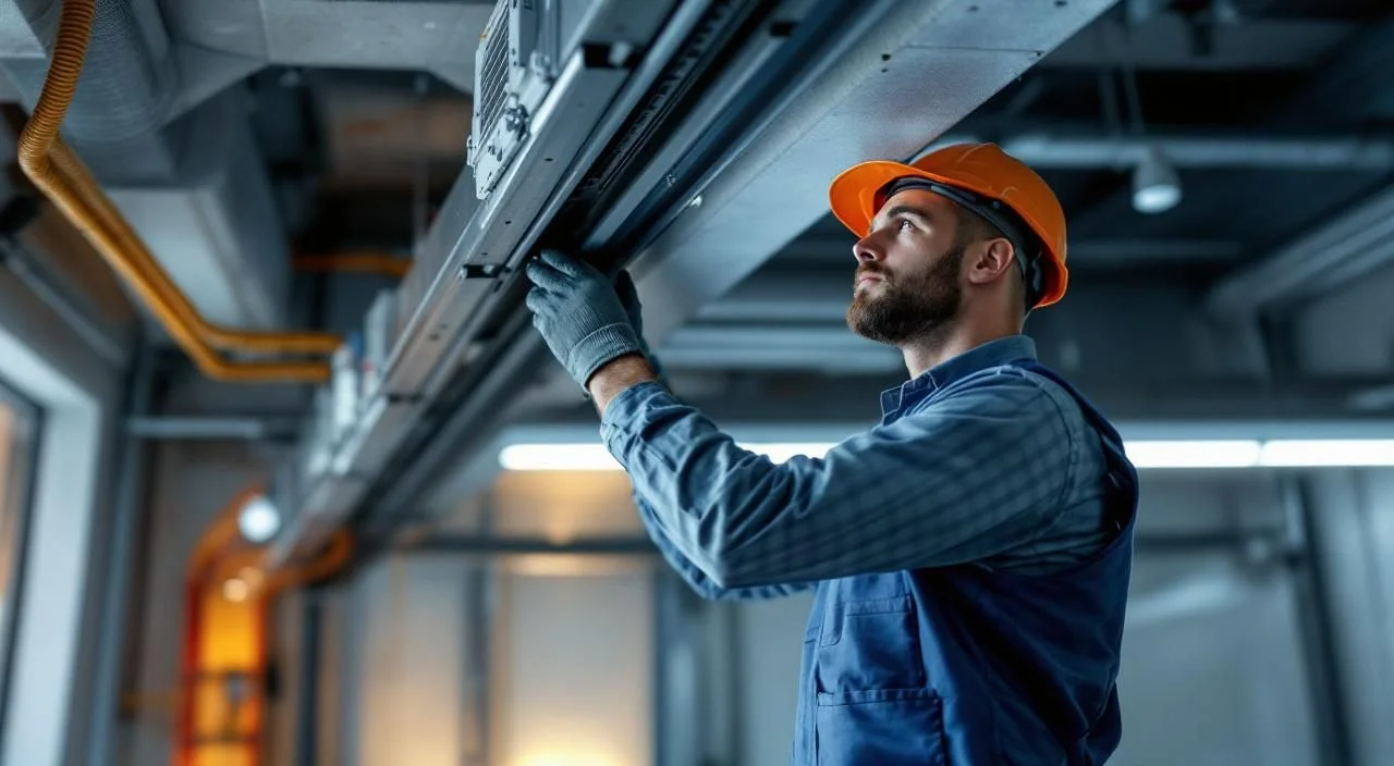 Technicien installant un système de rail pour rideau industriel