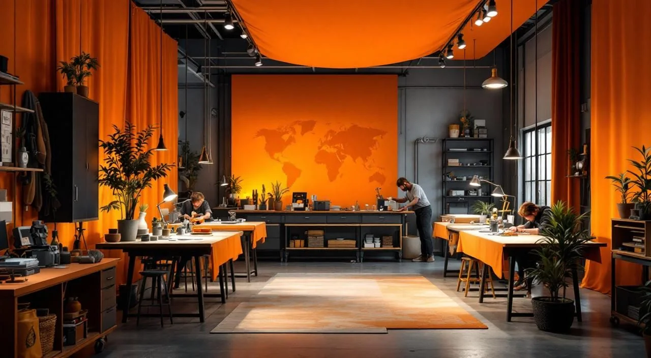 Atelier de soudage équipé de rideaux de protection orange