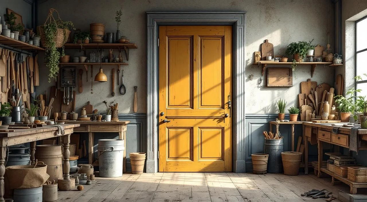Atelier de restauration avec porte ancienne en cours de ponçage